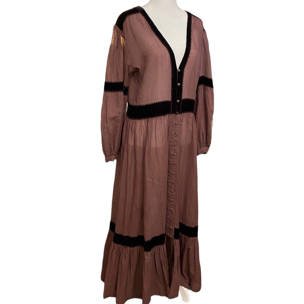 Chasing Unicorns Mauve Brown Cotton Voile Embroider 1970s Maxi Dress Large - Picture 2 of 10